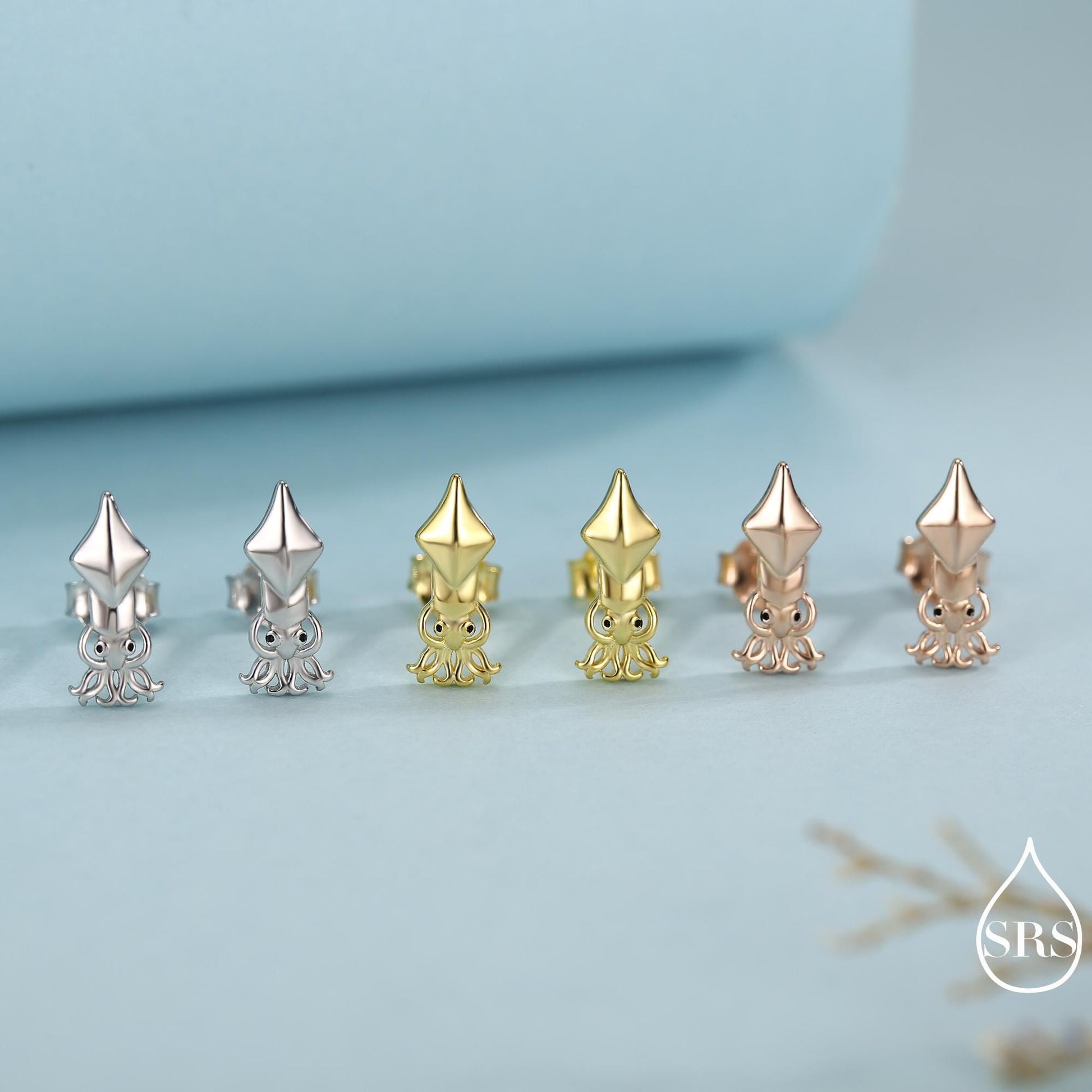 Squid Stud Earrings in Sterling Silver, Squid Fish Earrings, Nature Inspired Animal Earrings, Ocean Animal