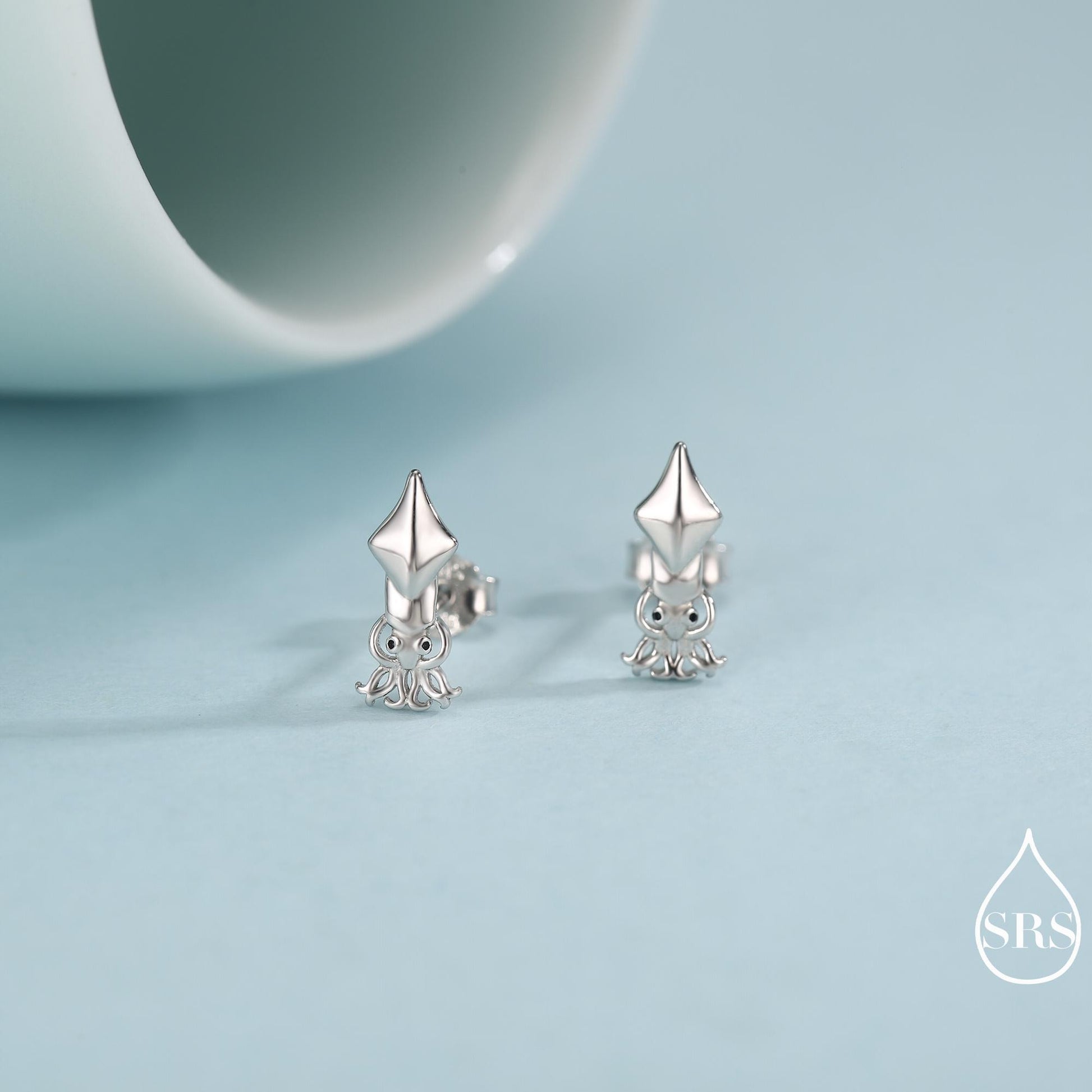 Squid Stud Earrings in Sterling Silver, Squid Fish Earrings, Nature Inspired Animal Earrings, Ocean Animal