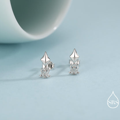 Squid Stud Earrings in Sterling Silver, Squid Fish Earrings, Nature Inspired Animal Earrings, Ocean Animal