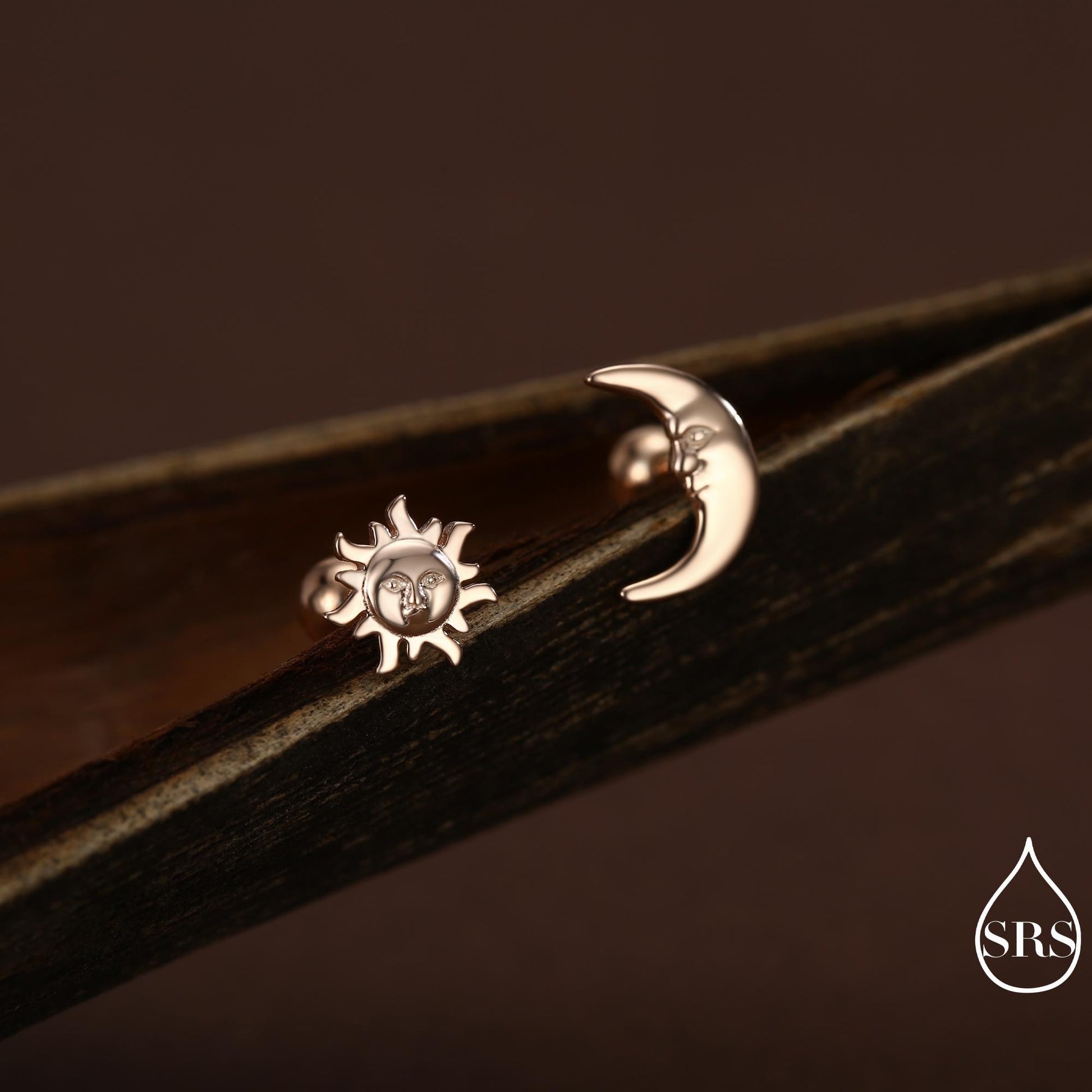 Mismatched Sun and Moon Screw Back / Stud Earrings in Sterling Silver, Asymmetric Man in the Moon and Sun Face Earrings