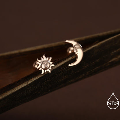 Mismatched Sun and Moon Screw Back / Stud Earrings in Sterling Silver, Asymmetric Man in the Moon and Sun Face Earrings