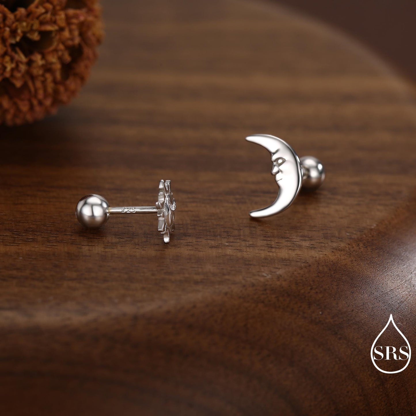 Mismatched Sun and Moon Screw Back / Stud Earrings in Sterling Silver, Asymmetric Man in the Moon and Sun Face Earrings