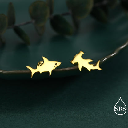 Mismatched Shark Internally Threaded /Stud / Screw Back Earrings in Sterling Silver, Silver, Gold or Rose Gold, Hammerhead shark Earrings