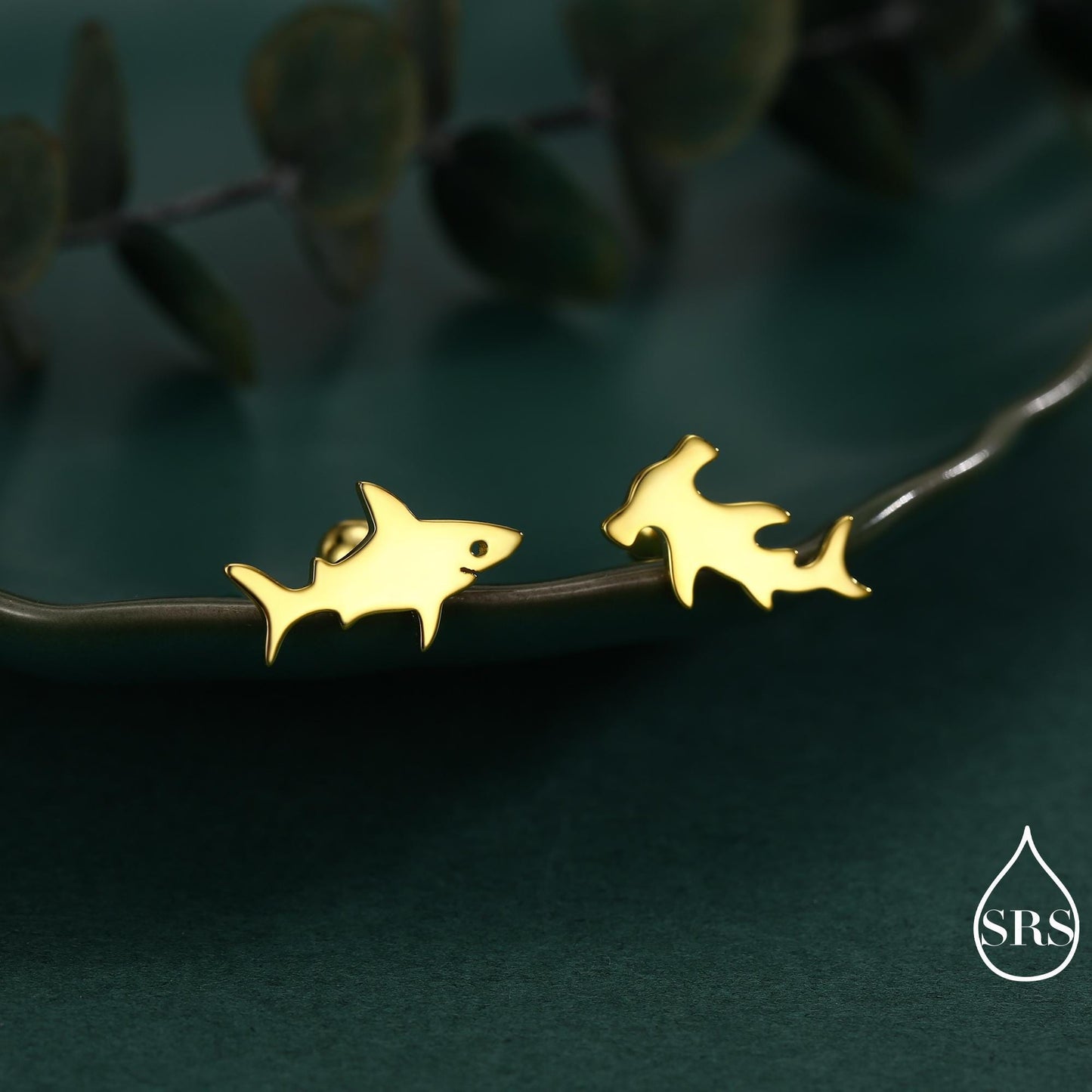 Mismatched Shark Stud Earrings in Sterling Silver, Silver or Gold or Rose Gold, Asymetric Shark and Hammerhead shark Earrings