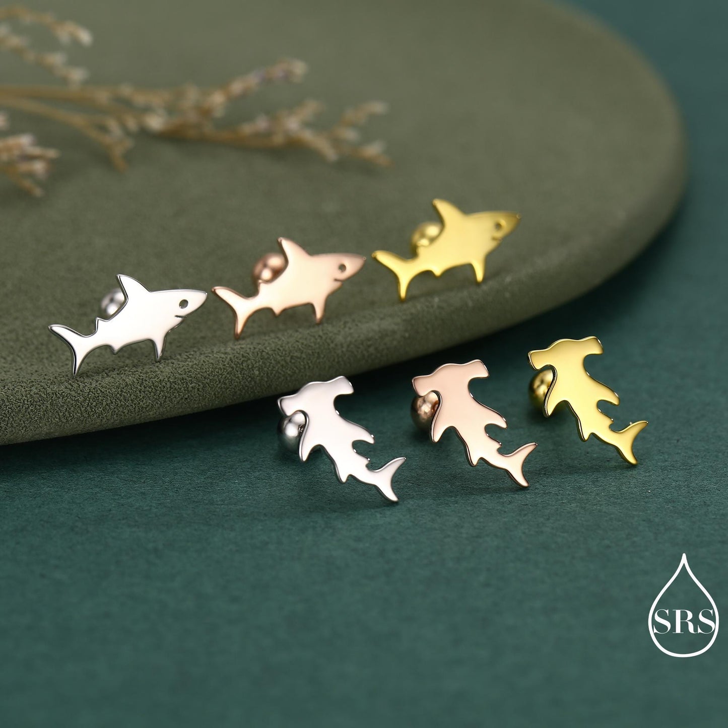Mismatched Shark Internally Threaded /Stud / Screw Back Earrings in Sterling Silver, Silver, Gold or Rose Gold, Hammerhead shark Earrings