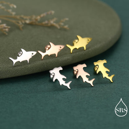 Mismatched Shark Internally Threaded /Stud / Screw Back Earrings in Sterling Silver, Silver, Gold or Rose Gold, Hammerhead shark Earrings