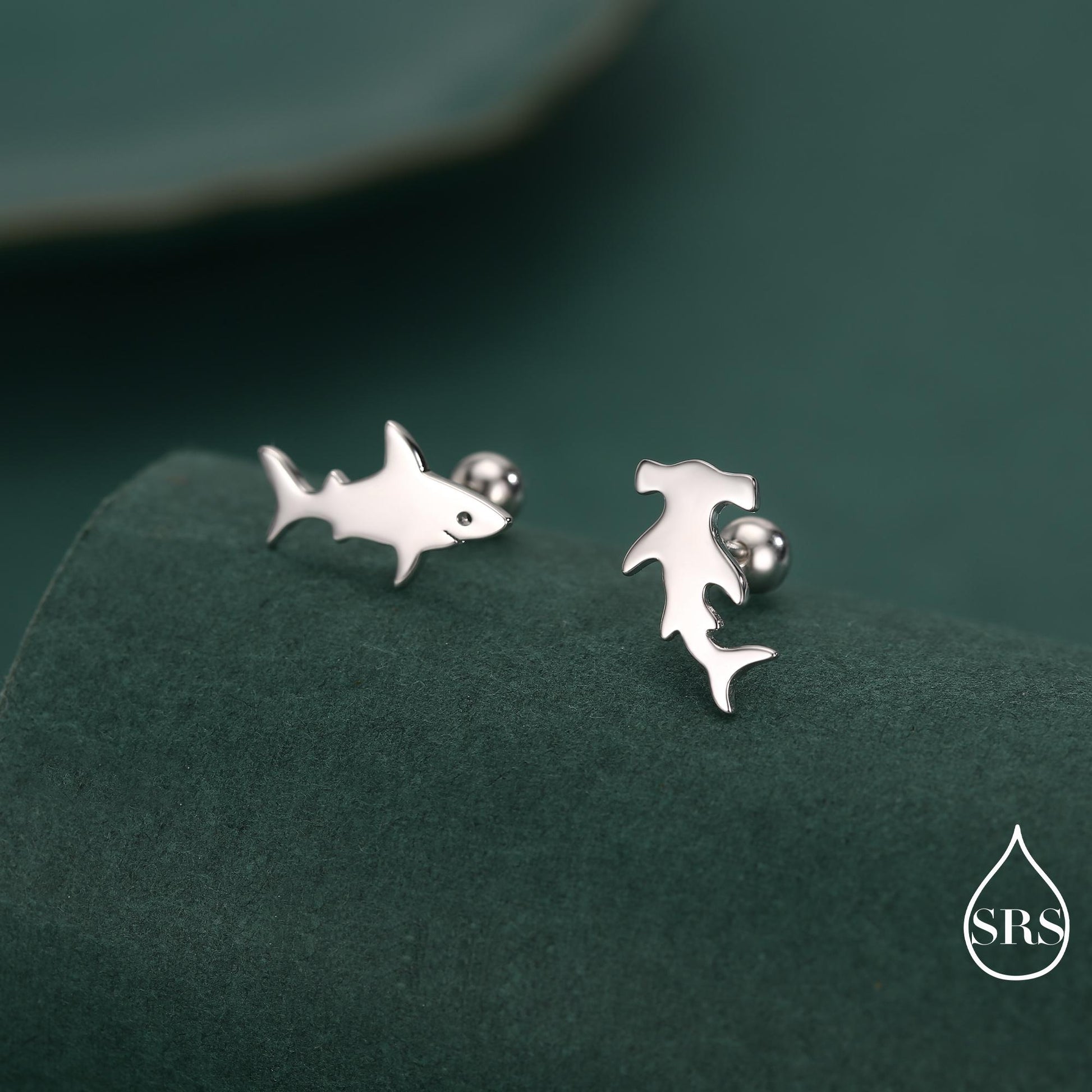 Mismatched Shark Internally Threaded /Stud / Screw Back Earrings in Sterling Silver, Silver, Gold or Rose Gold, Hammerhead shark Earrings