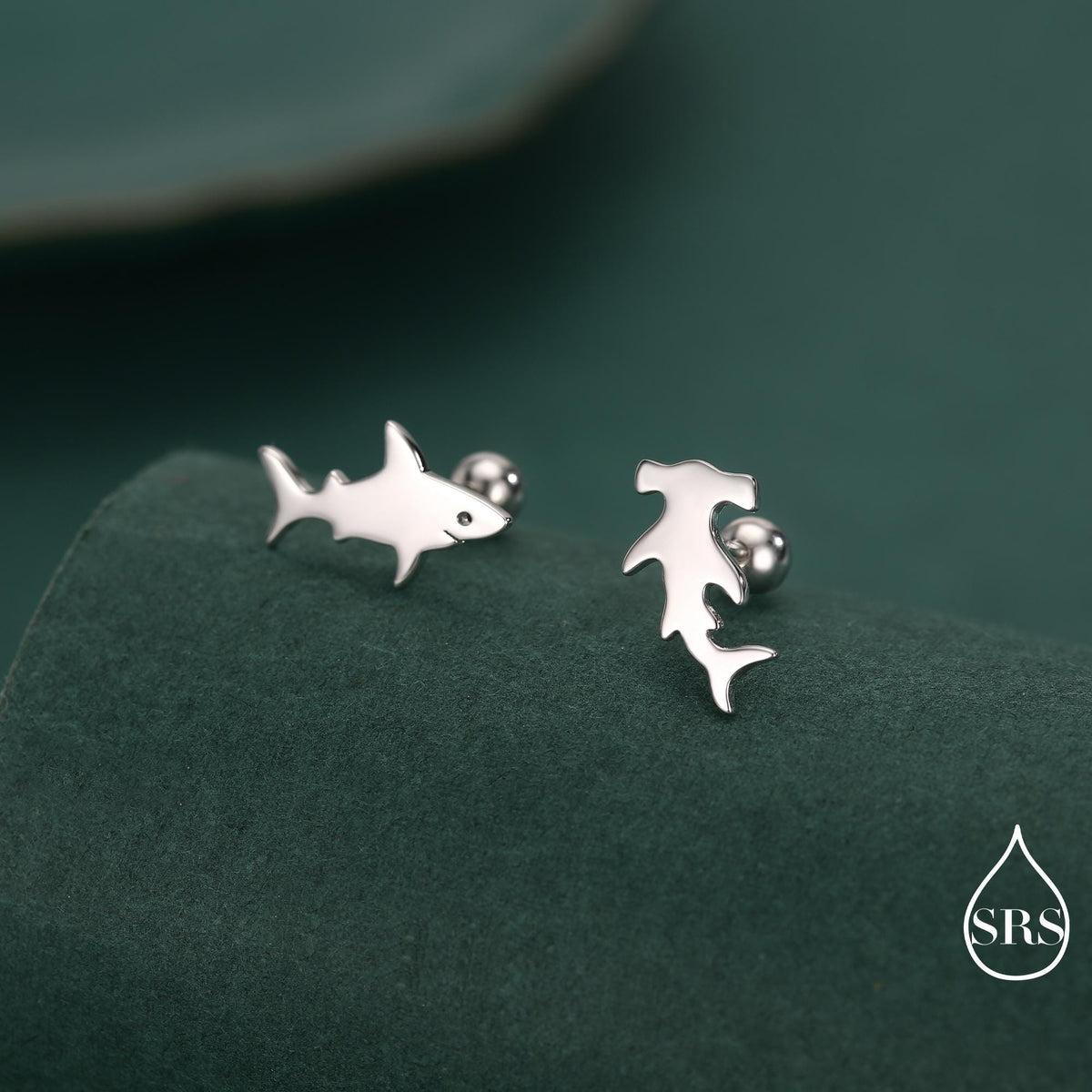 Mismatched Shark 18G Screw Back Earrings in Sterling Silver, Silver, Animal Earrings