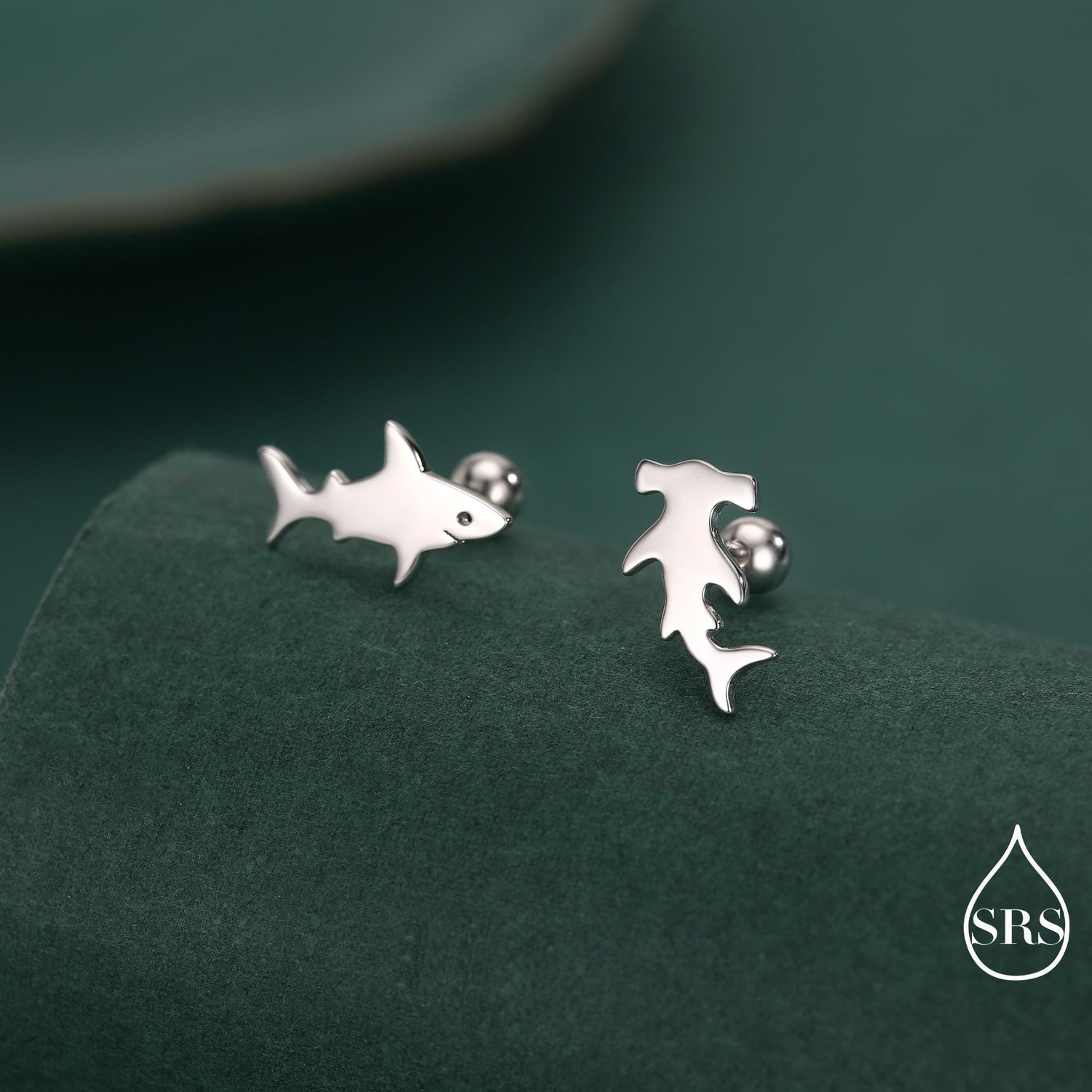 Mismatched Shark 18G Screw Back Earrings in Sterling Silver, Silver, Animal Earrings