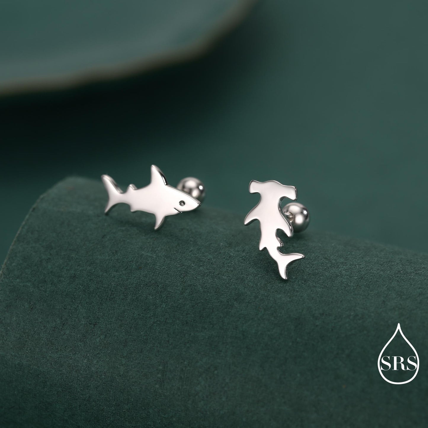 Mismatched Shark Screw Back /Stud / Flat Back Earrings in Sterling Silver, Silver, Gold or Rose Gold, Asymmetric Hammerhead shark Earrings