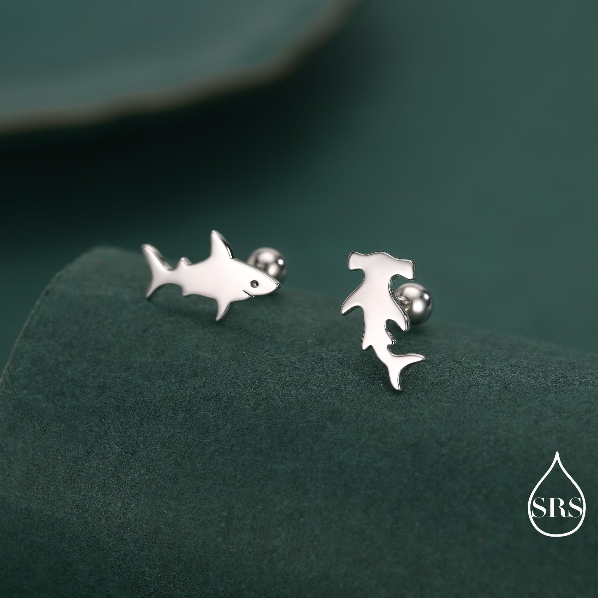 Mismatched Shark Stud Earrings in Sterling Silver, Silver or Gold or Rose Gold, Asymetric Shark and Hammerhead shark Earrings
