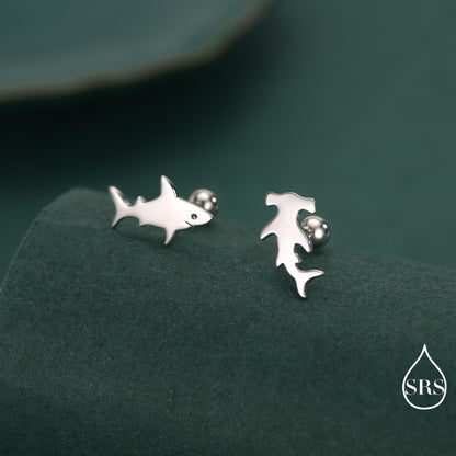 Mismatched Shark Stud Earrings in Sterling Silver, Silver or Gold or Rose Gold, Asymetric Shark and Hammerhead shark Earrings