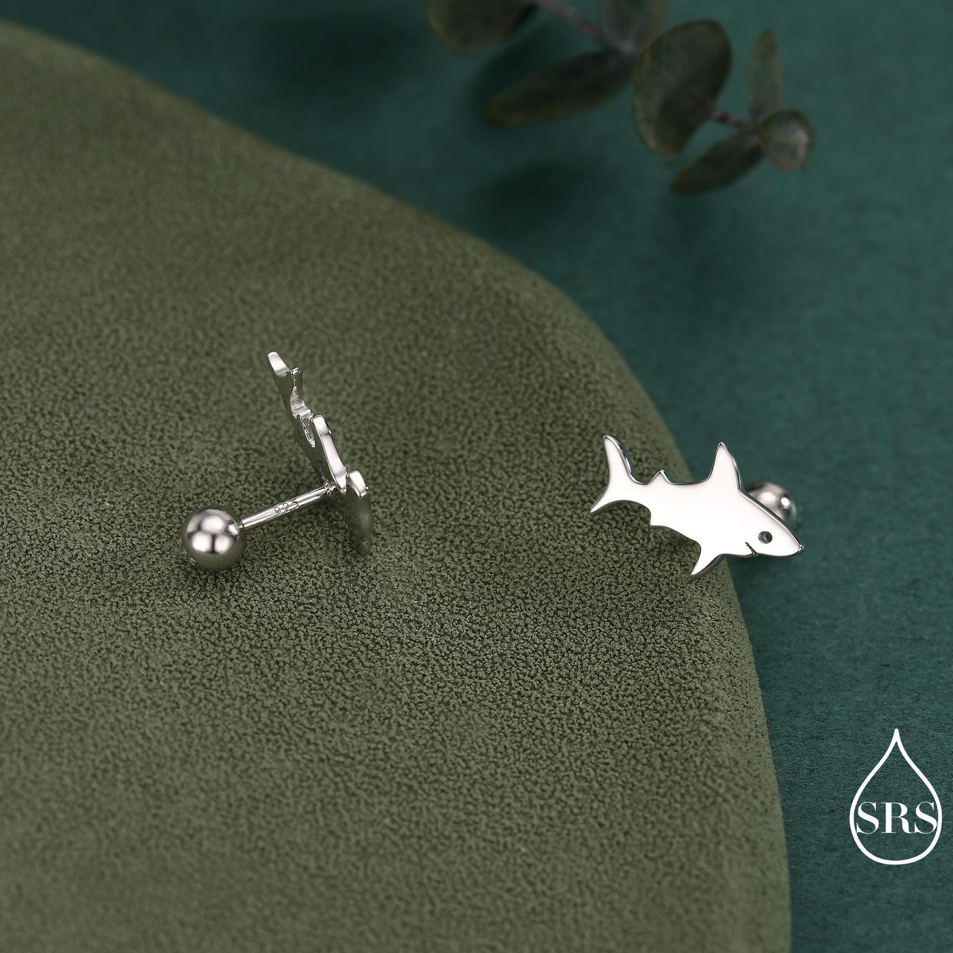 Mismatched Shark Internally Threaded /Stud / Screw Back Earrings in Sterling Silver, Silver, Gold or Rose Gold, Hammerhead shark Earrings