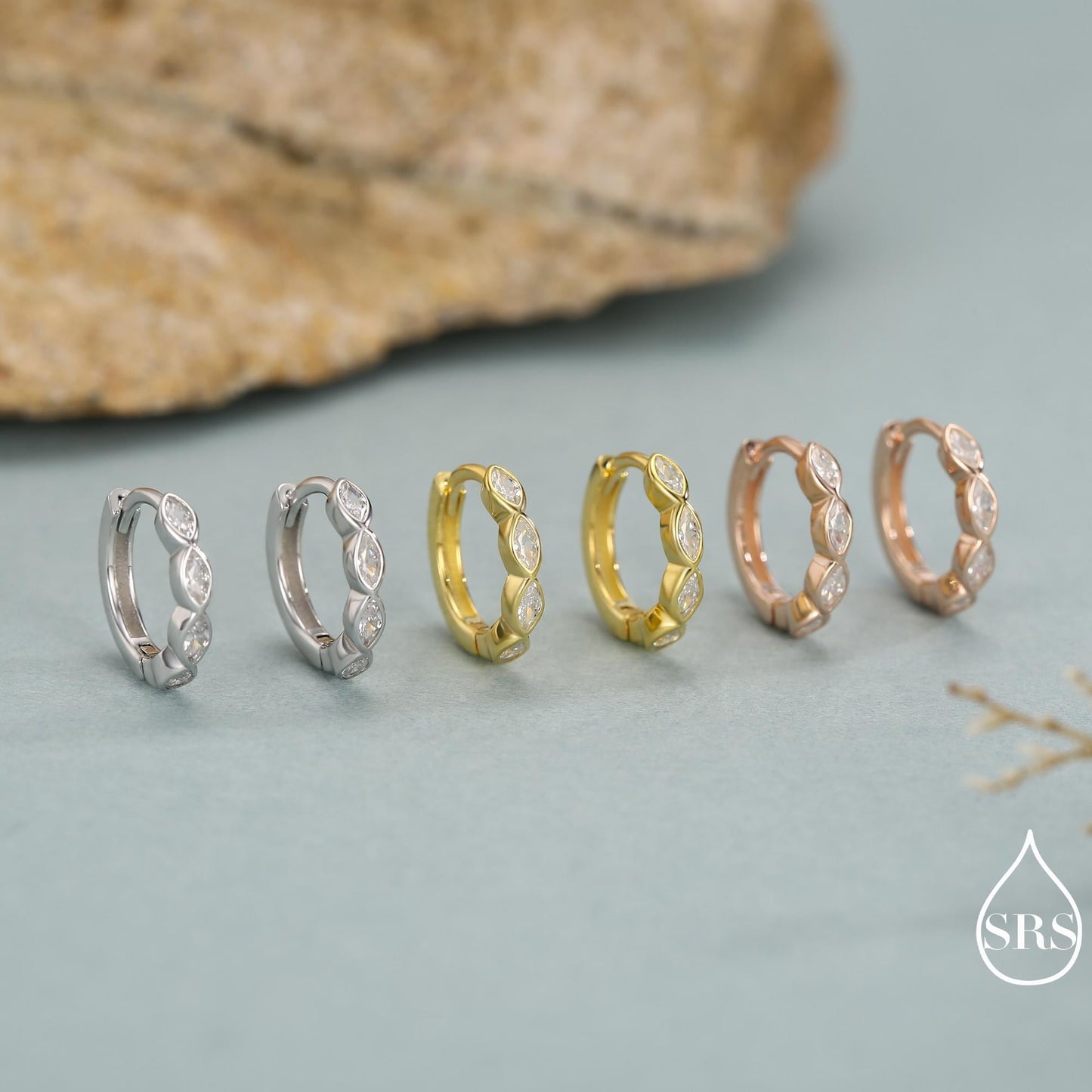 Marquise CZ Huggie Hoop in Sterling Silver, Silver or Gold, Minimalist Simple Hoop Earrings