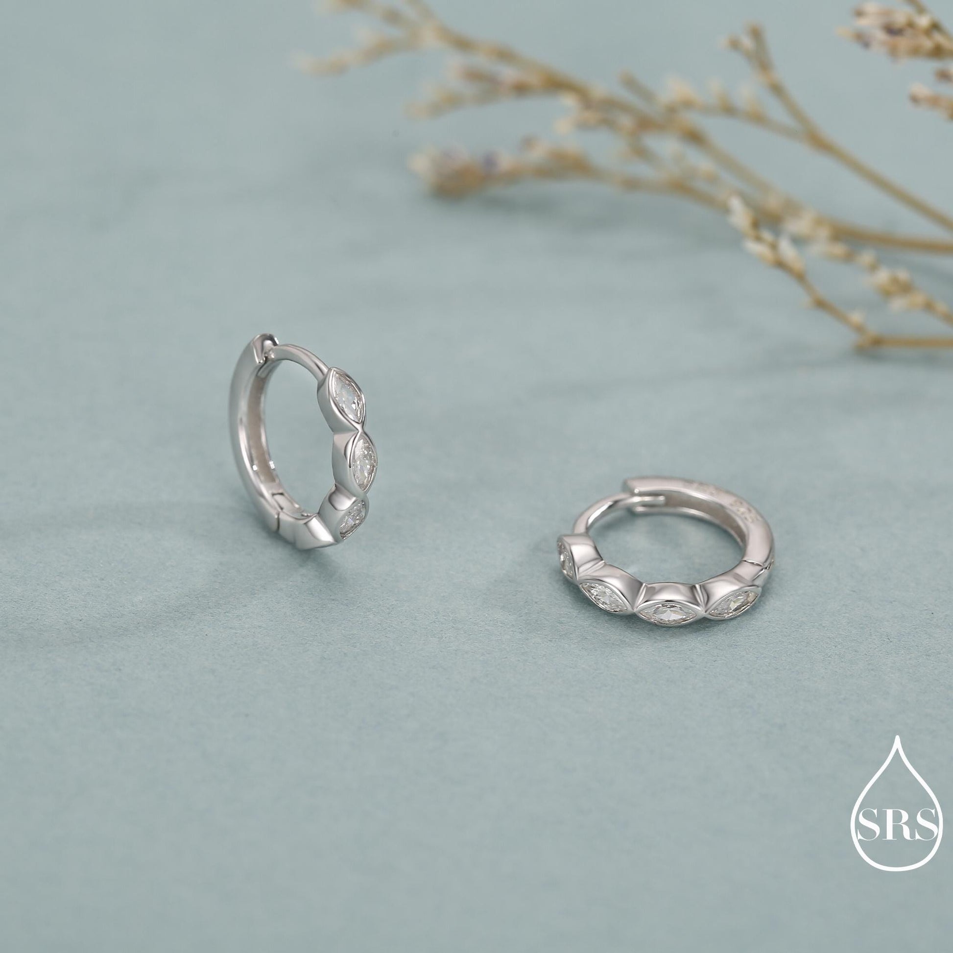 Marquise CZ Huggie Hoop in Sterling Silver, Silver or Gold, Minimalist Simple Hoop Earrings