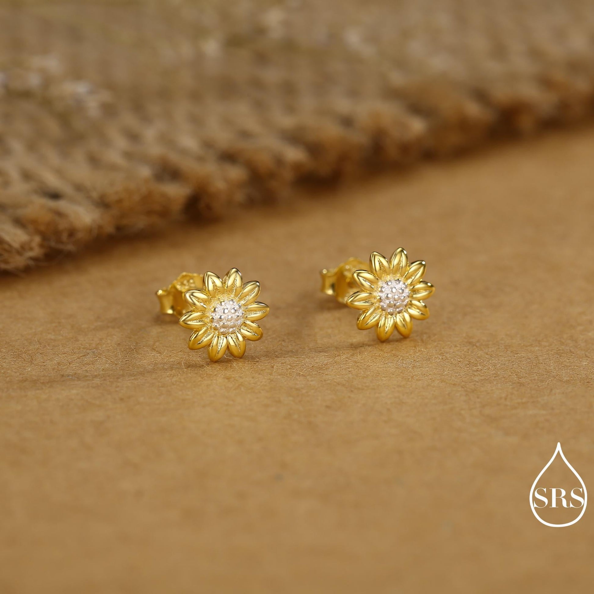 Little Sunflower Flower Stud Earrings in Sterling Silver - Flower Earrings - Cute Flower Blossom Daisy Earrings - Fun, Whimsical