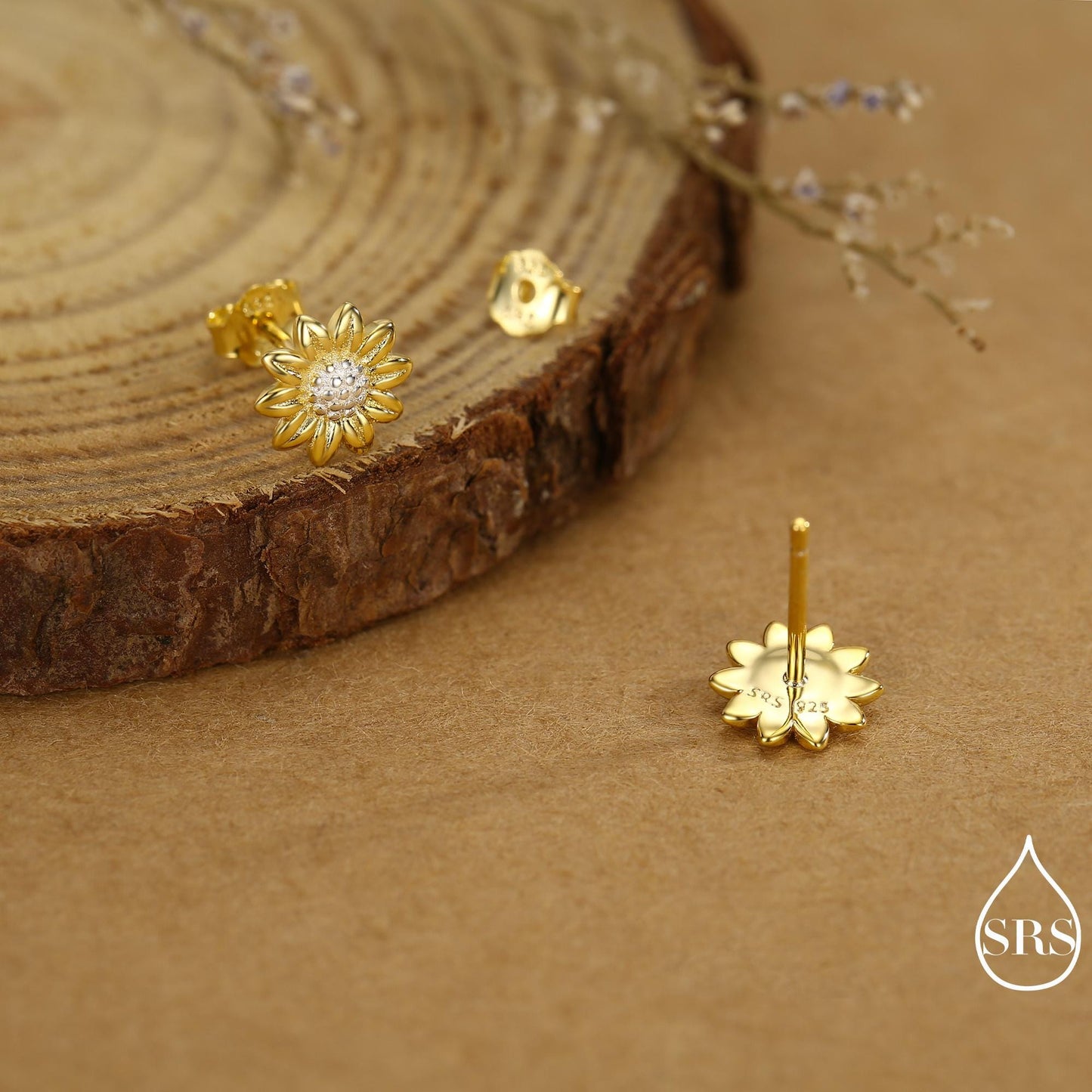 Little Sunflower Flower Stud Earrings in Sterling Silver - Flower Earrings - Cute Flower Blossom Daisy Earrings - Fun, Whimsical