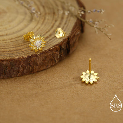 Little Sunflower Flower Stud Earrings in Sterling Silver - Flower Earrings - Cute Flower Blossom Daisy Earrings - Fun, Whimsical