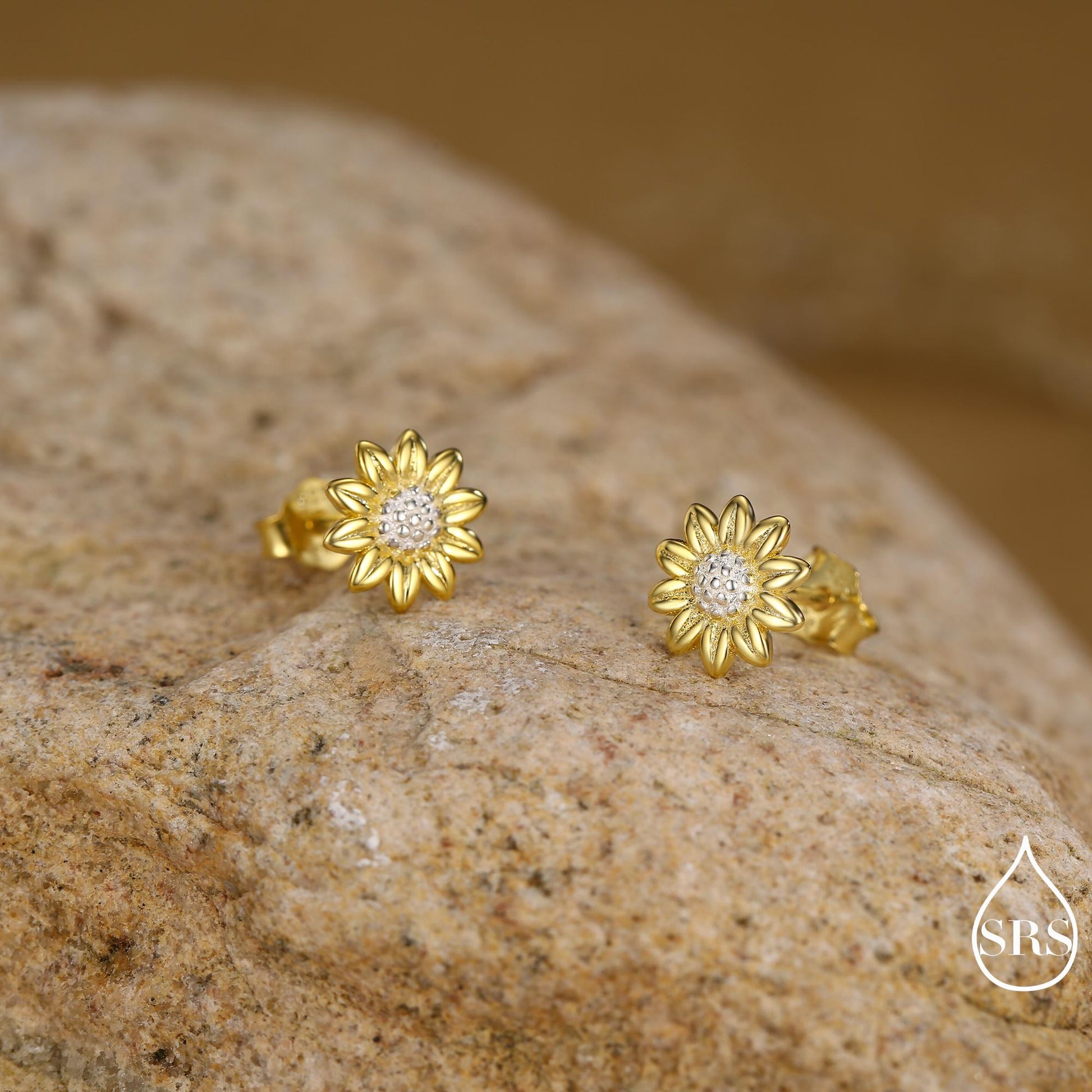 Little Sunflower Flower Stud Earrings in Sterling Silver - Flower Earrings - Cute Flower Blossom Daisy Earrings - Fun, Whimsical