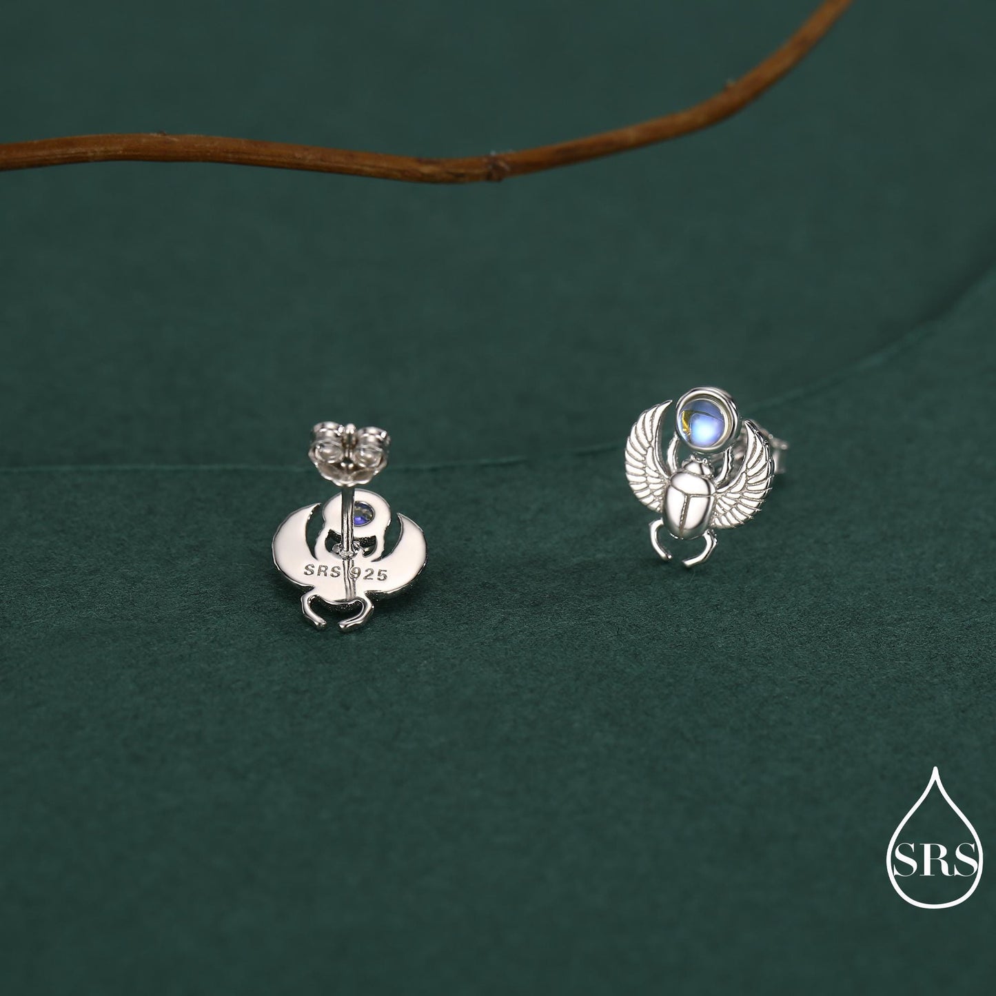 Sterling Silver Scarab Beetle Stud Earrings with Lab Moonstone – Egyptian Inspired Jewellery