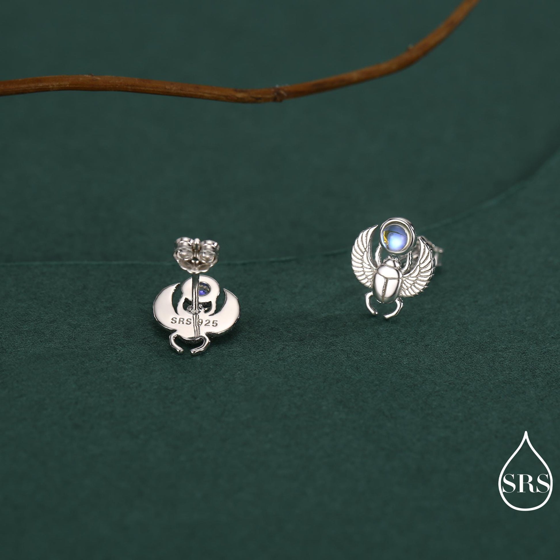 Sterling Silver Scarab Beetle Stud Earrings with Lab Moonstone – Egyptian Inspired Jewellery