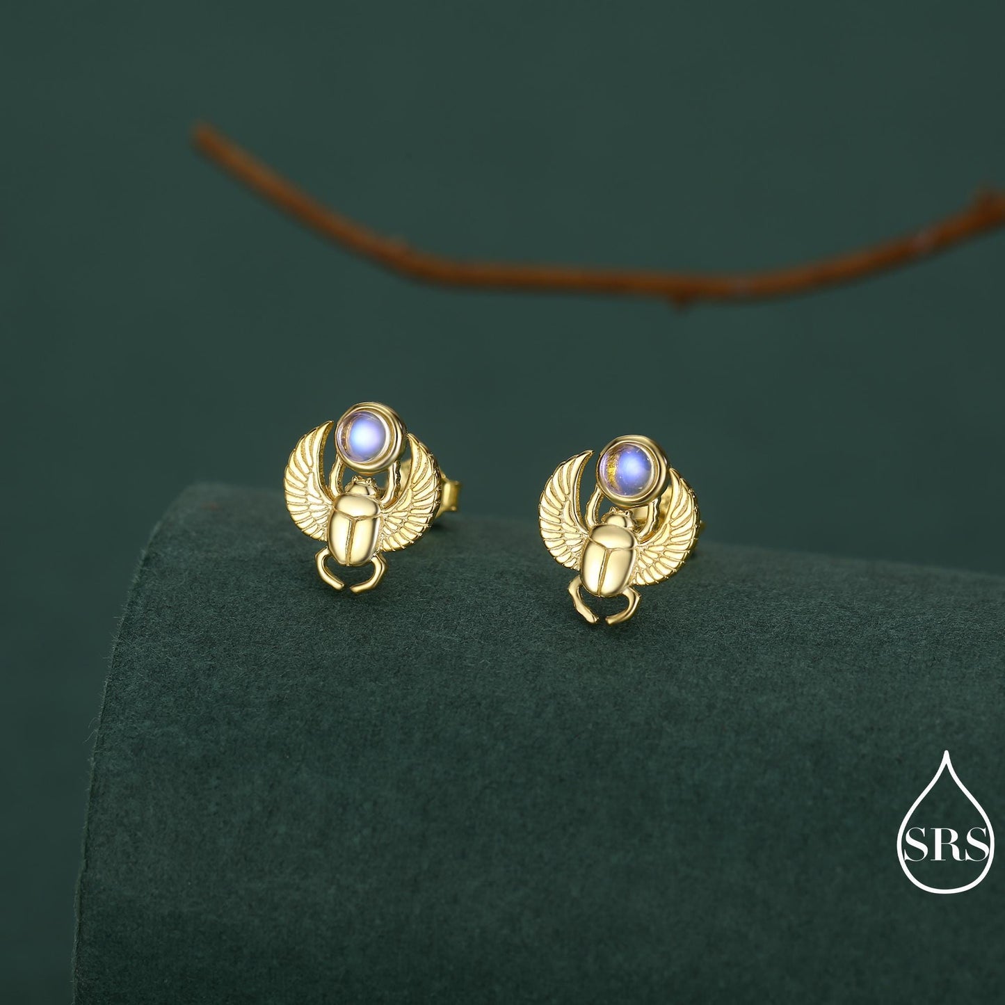 Sterling Silver Scarab Beetle Stud Earrings with Lab Moonstone – Egyptian Inspired Jewellery