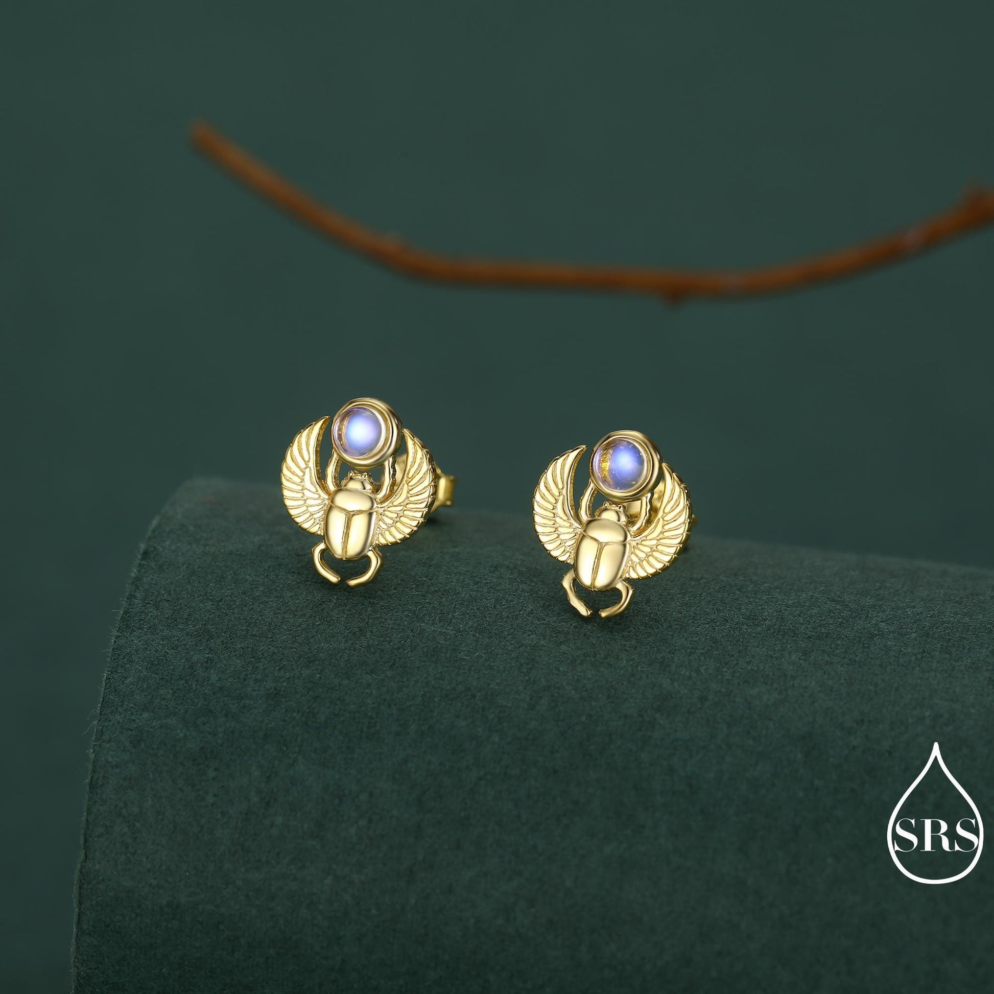 Sterling Silver Scarab Beetle Stud Earrings with Lab Moonstone – Egyptian Inspired Jewellery