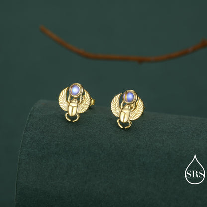 Sterling Silver Scarab Beetle Stud Earrings with Lab Moonstone – Egyptian Inspired Jewellery
