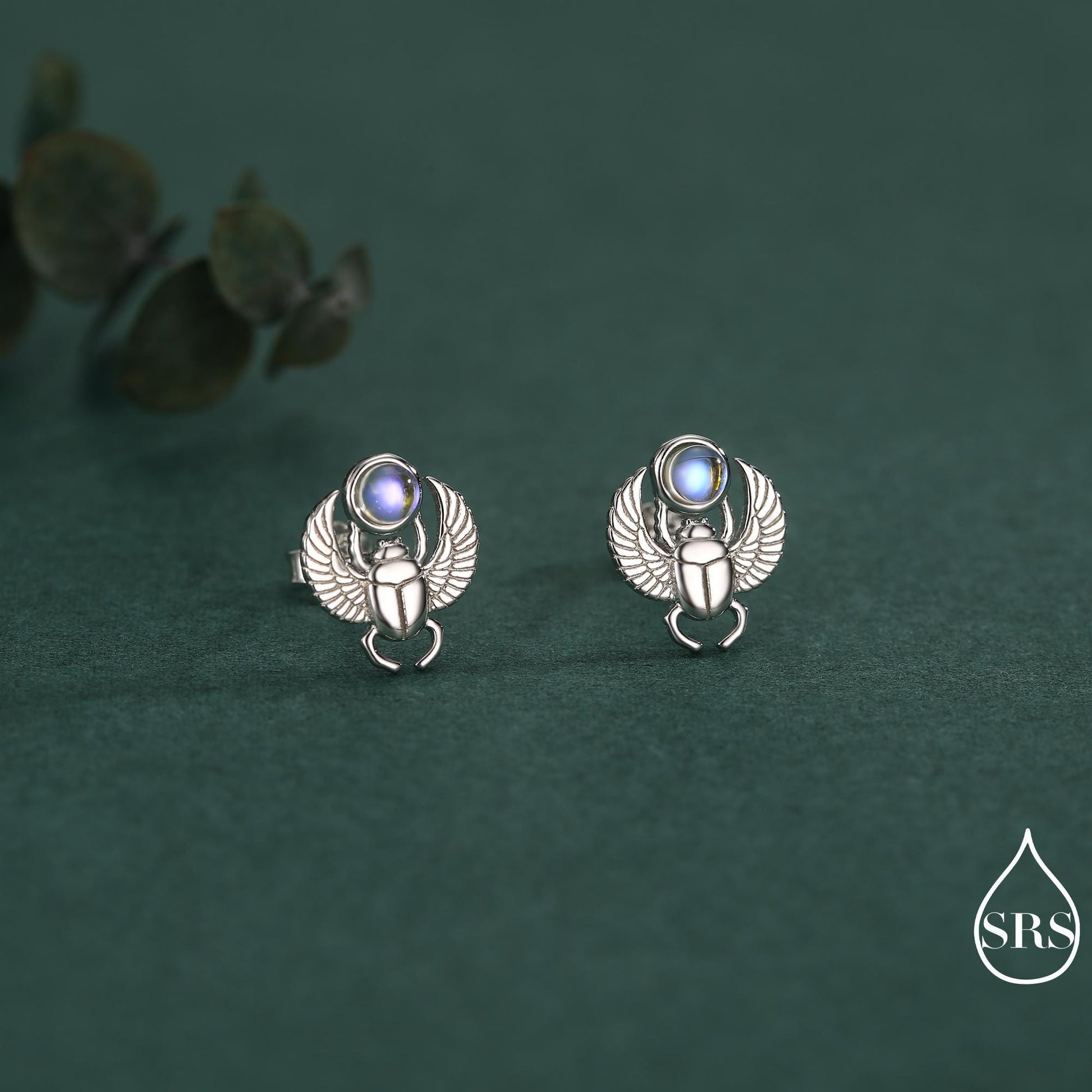 Sterling Silver Scarab Beetle Stud Earrings with Lab Moonstone – Egyptian Inspired Jewellery