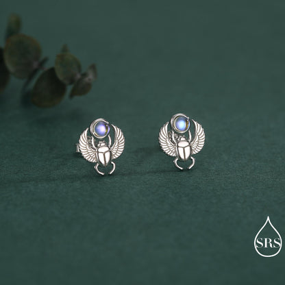 Sterling Silver Scarab Beetle Stud Earrings with Lab Moonstone – Egyptian Inspired Jewellery