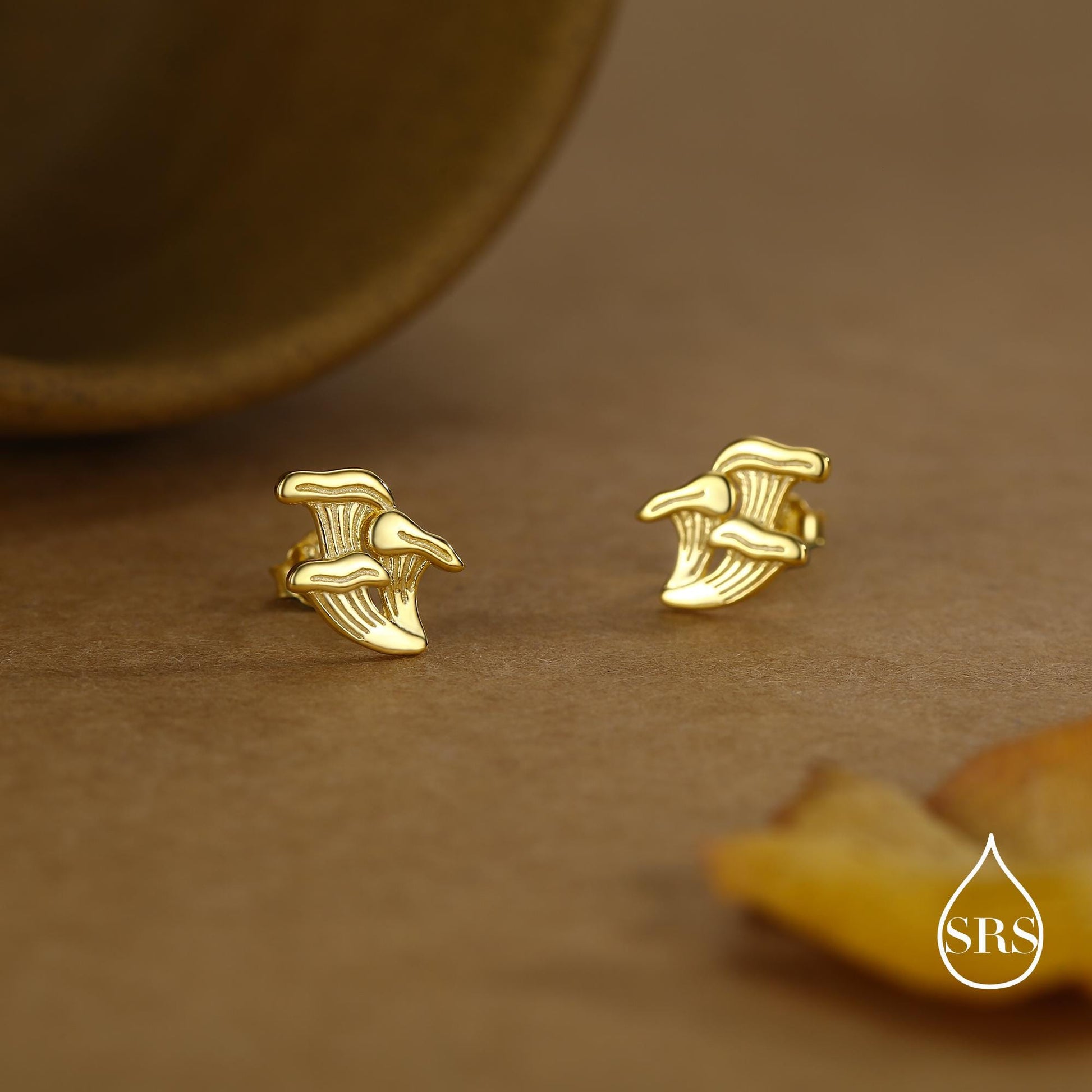 Chanterelle Mushroom Stud Earrings in Sterling Silver, also in Gold or Rose Gold Finish, Small Mushroom Earrings