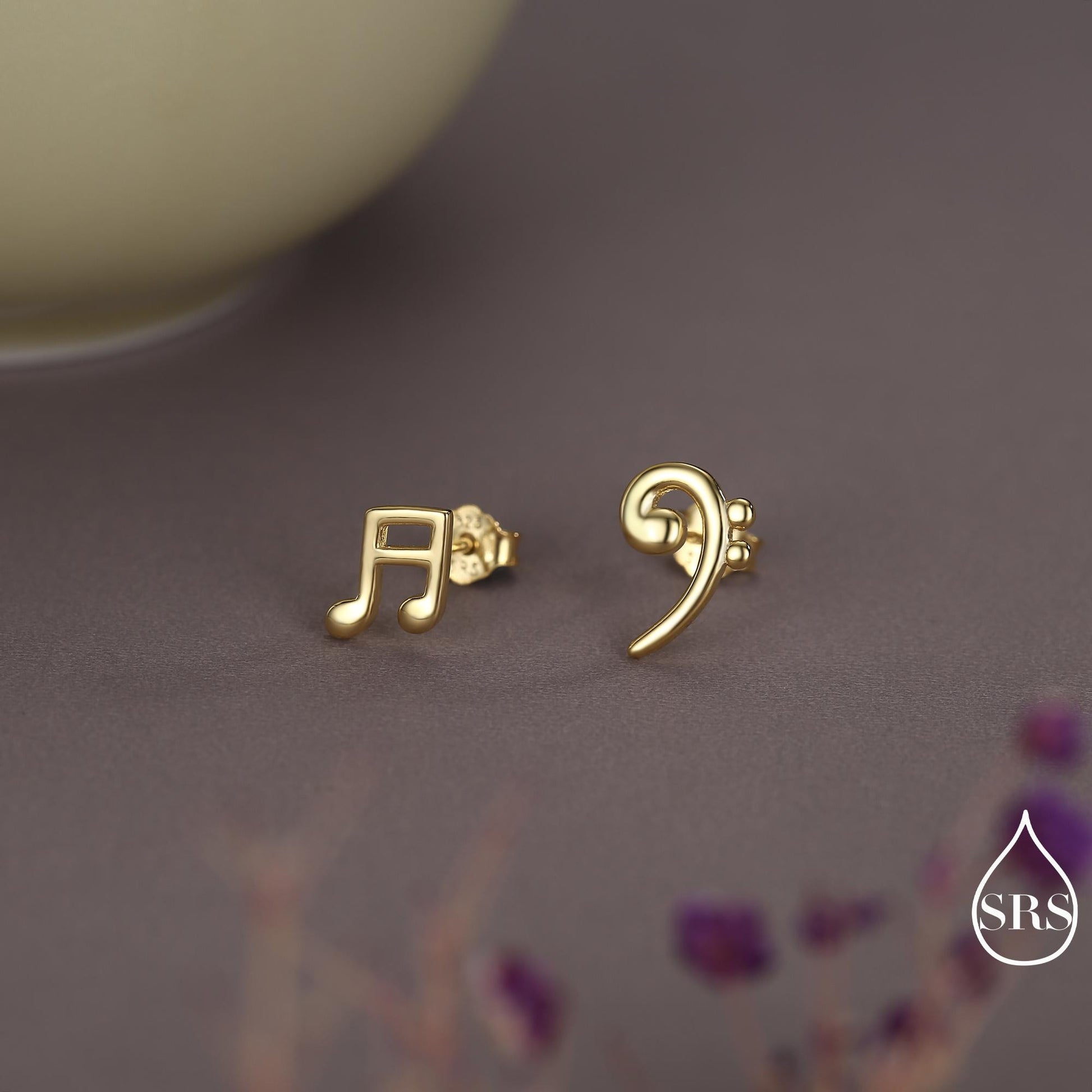 Sterling Silver Double Quaver & Bass Clef Stud Earrings – Minimalist Mismatched Music Note Earrings, Gift for Musicians, Asymmetric Studs