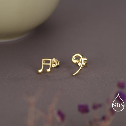 Sterling Silver Double Quaver & Bass Clef Stud Earrings – Minimalist Mismatched Music Note Earrings, Gift for Musicians, Asymmetric Studs