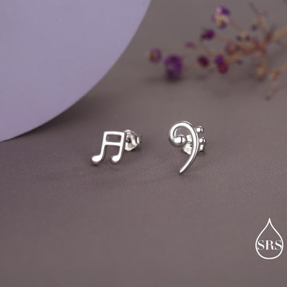 Sterling Silver Double Quaver & Bass Clef Stud Earrings – Minimalist Mismatched Music Note Earrings, Gift for Musicians, Asymmetric Studs