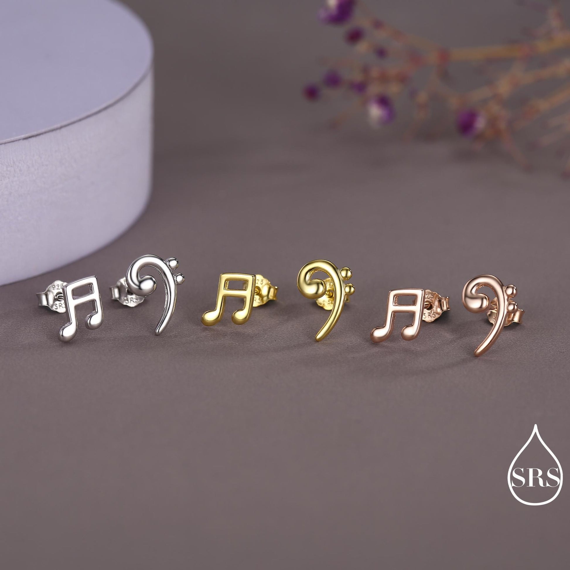 Sterling Silver Double Quaver & Bass Clef Stud Earrings – Minimalist Mismatched Music Note Earrings, Gift for Musicians, Asymmetric Studs