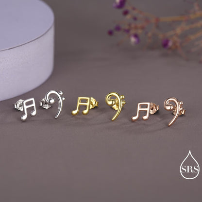 Sterling Silver Double Quaver & Bass Clef Stud Earrings – Minimalist Mismatched Music Note Earrings, Gift for Musicians, Asymmetric Studs