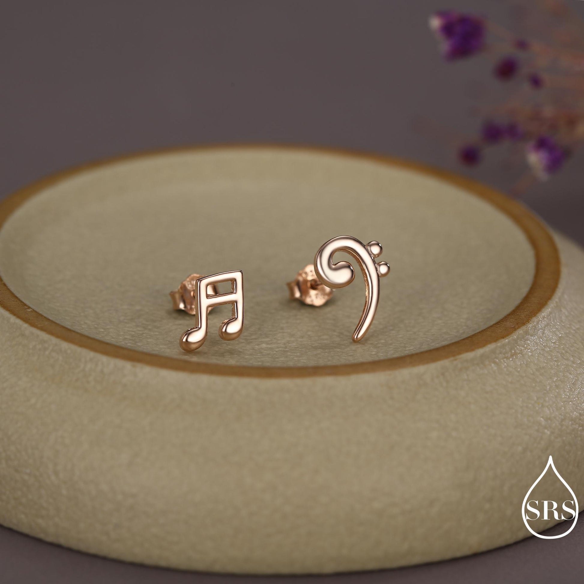 Sterling Silver Double Quaver & Bass Clef Stud Earrings – Minimalist Mismatched Music Note Earrings, Gift for Musicians, Asymmetric Studs