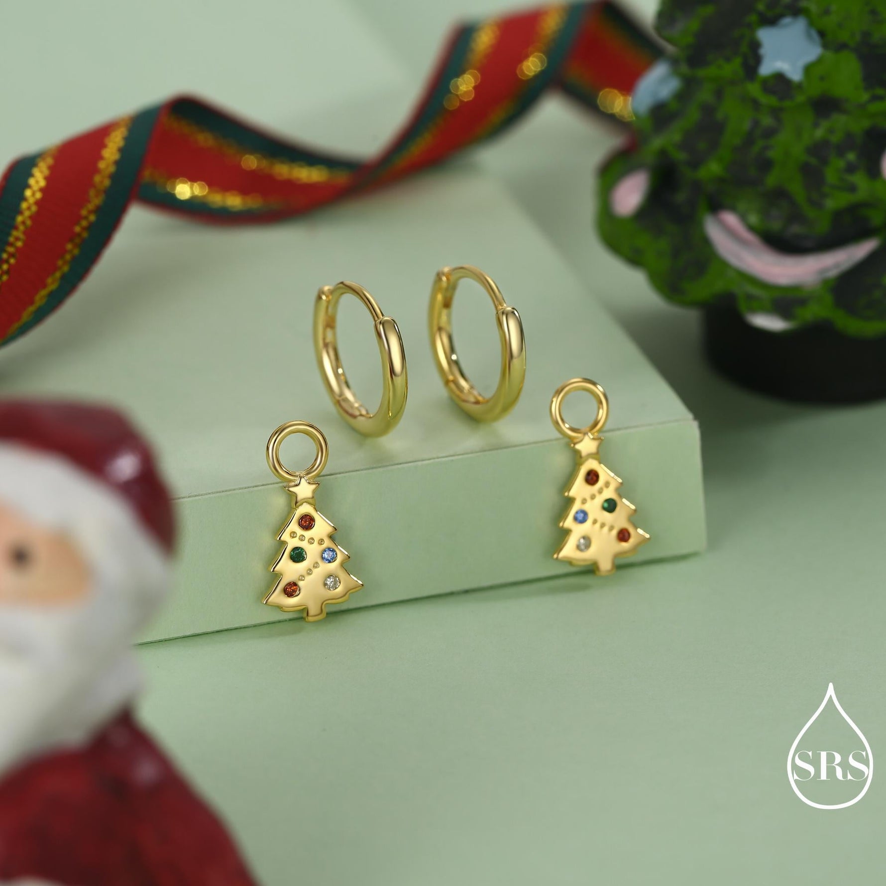 Dainty Christmas Tree Charm Hoop Earrings in Sterling Silver, Silver, Gold or Rose Gold Finish, Xmas Tree Earrings, Christmas Earrings