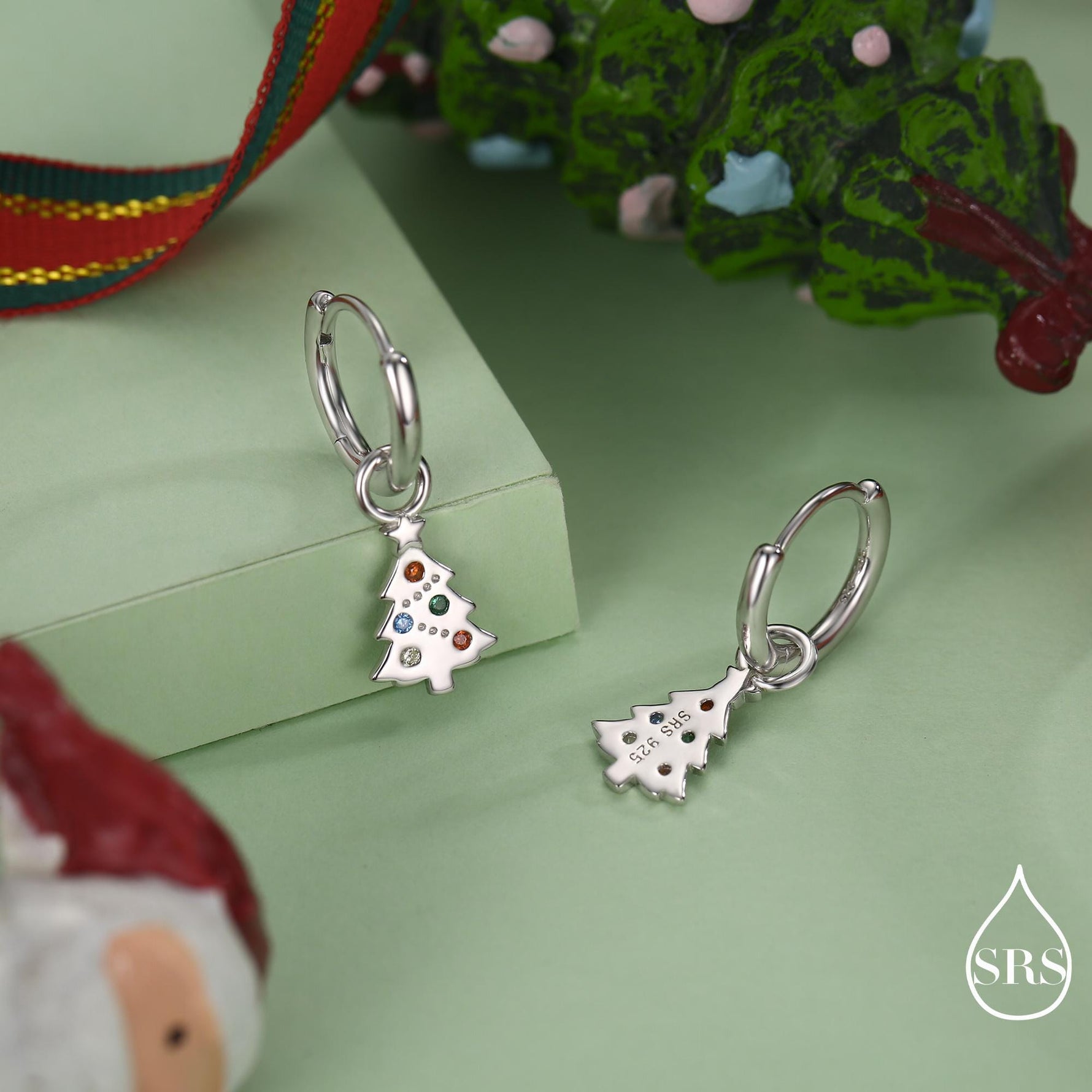 Dainty Christmas Tree Charm Hoop Earrings in Sterling Silver, Silver, Gold or Rose Gold Finish, Xmas Tree Earrings, Christmas Earrings