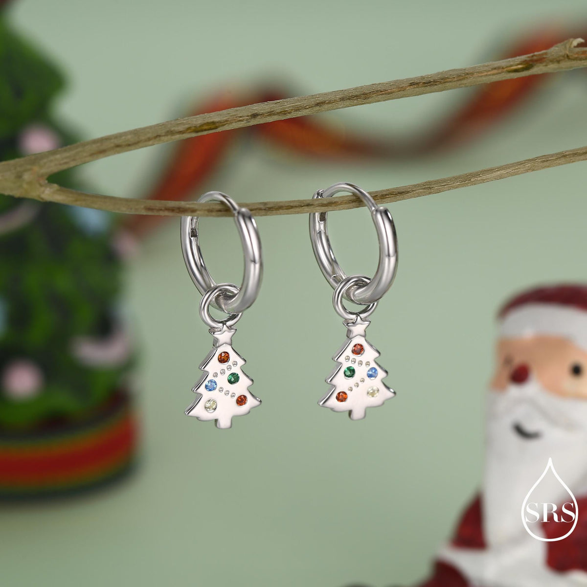 Dainty Christmas Tree Charm Hoop Earrings in Sterling Silver, Silver, Gold or Rose Gold Finish, Xmas Tree Earrings, Christmas Earrings