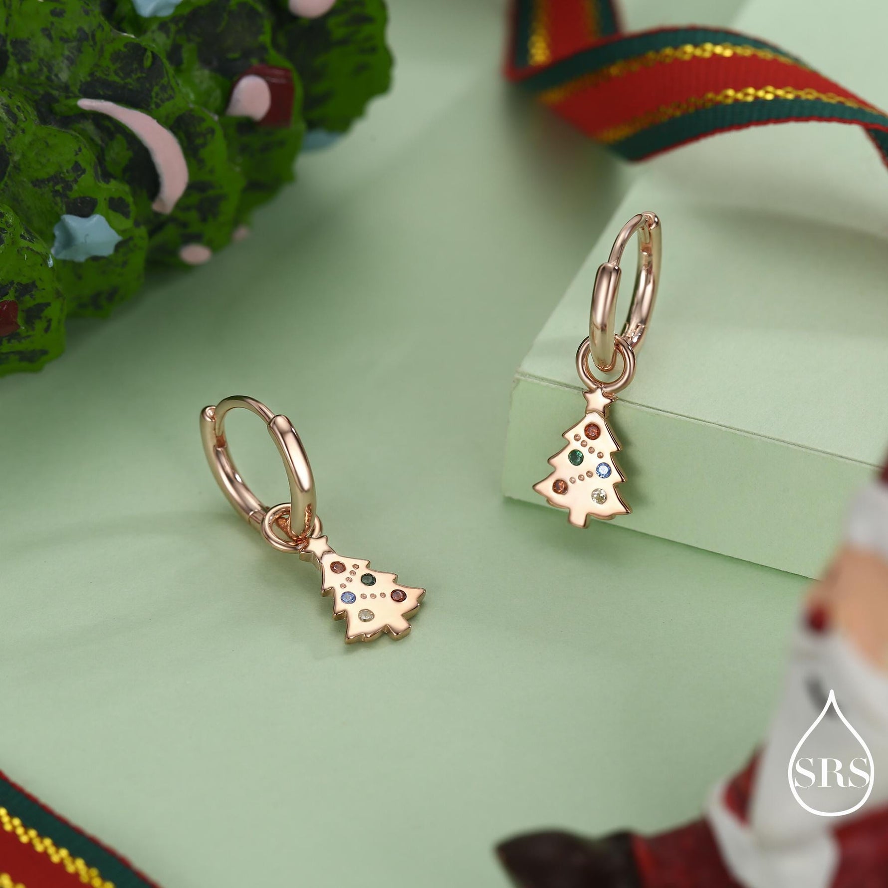 Dainty Christmas Tree Charm Hoop Earrings in Sterling Silver, Silver, Gold or Rose Gold Finish, Xmas Tree Earrings, Christmas Earrings