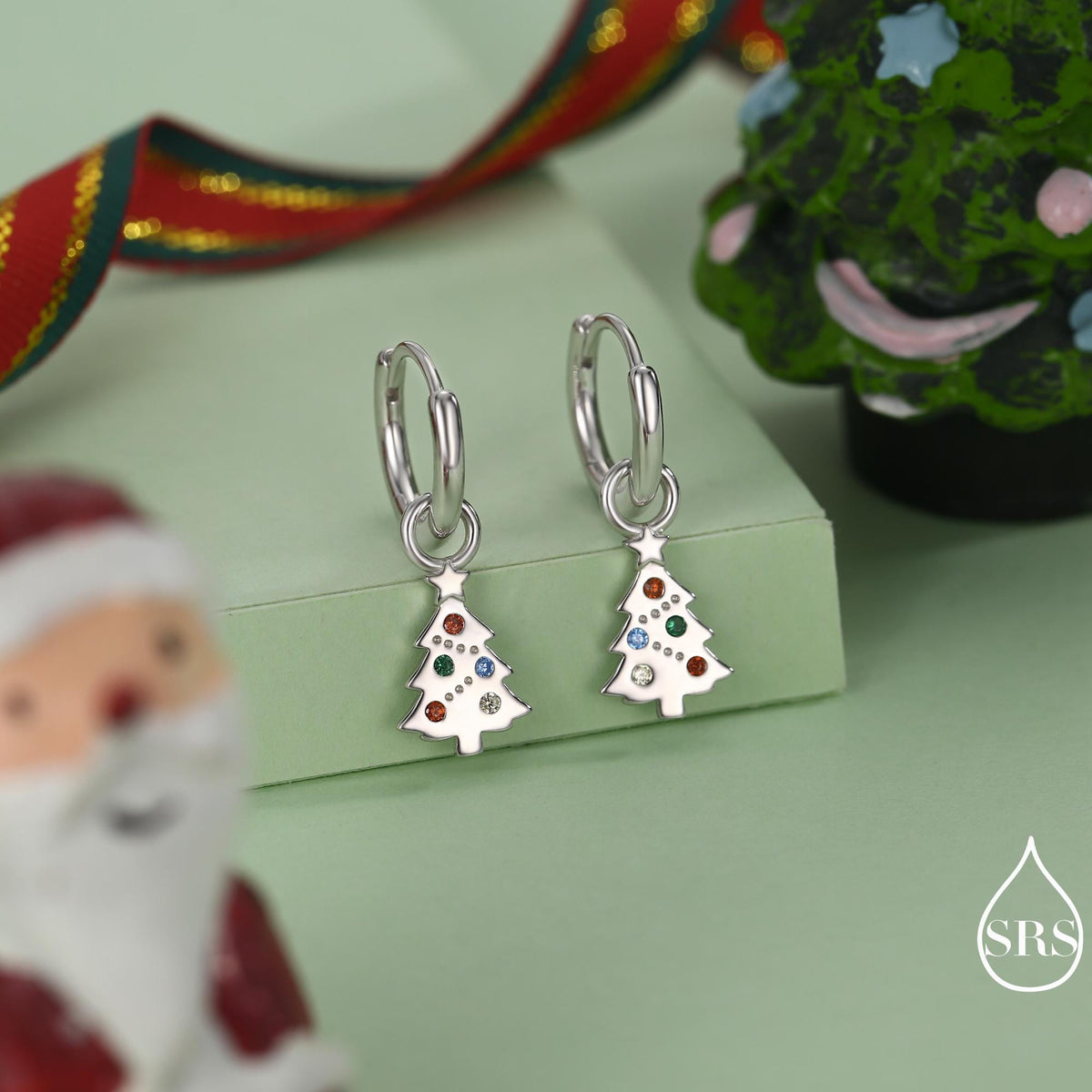 Dainty Christmas Tree Charm Hoop Earrings in Sterling Silver, Silver, Gold or Rose Gold Finish, Xmas Tree Earrings, Christmas Earrings