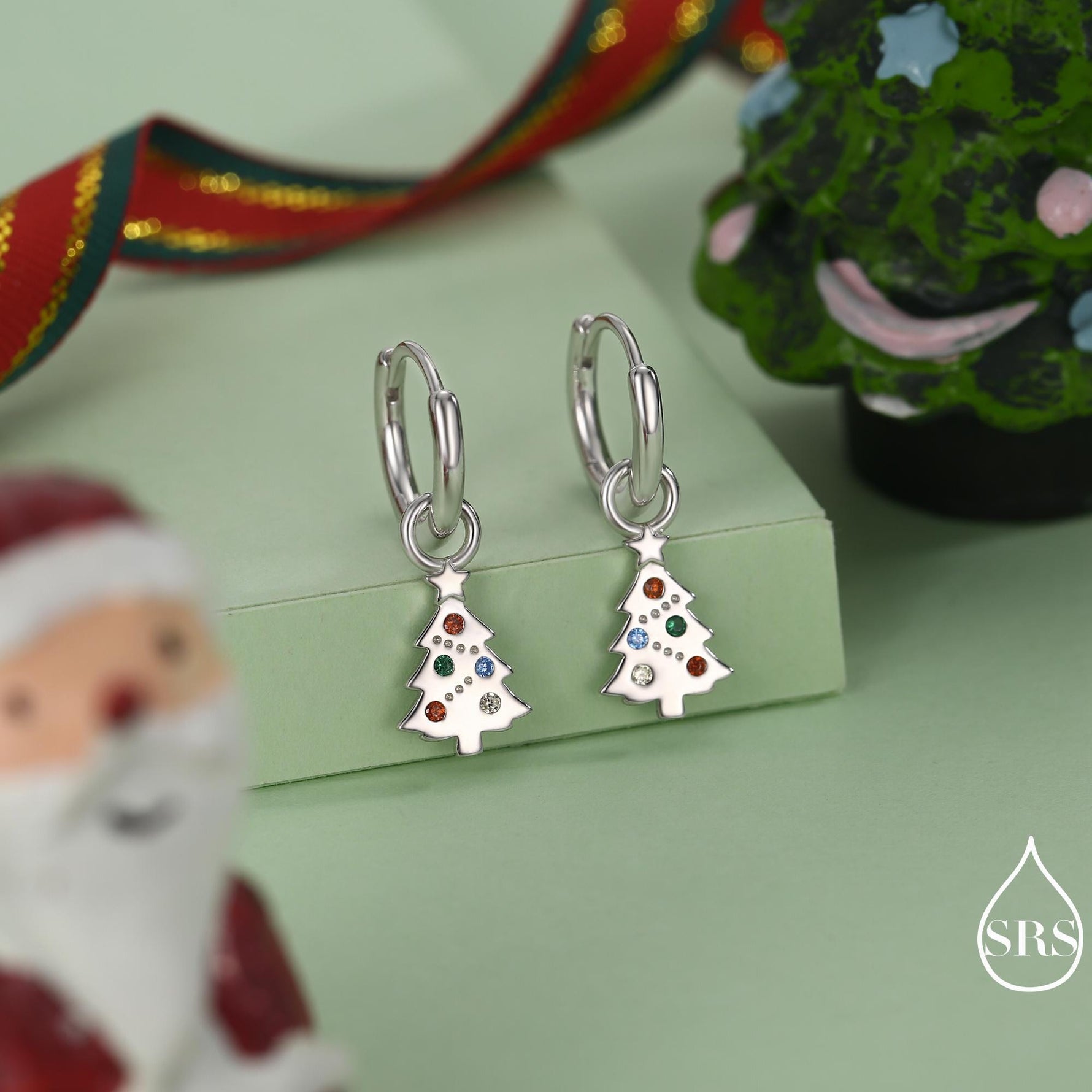 Dainty Christmas Tree Charm Hoop Earrings in Sterling Silver, Silver, Gold or Rose Gold Finish, Xmas Tree Earrings, Christmas Earrings