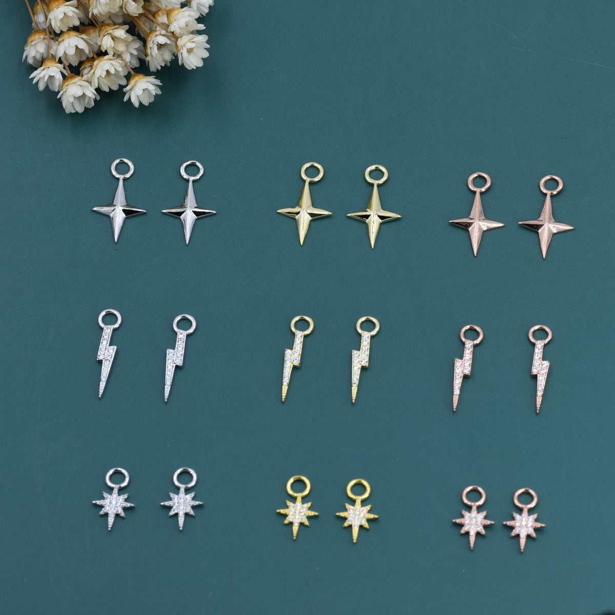 Four-Point Star, Lightning Bolt and Starburst detachable charms for huggie hoops. Sold as a pair in Silver, Gold or Rose Gold.