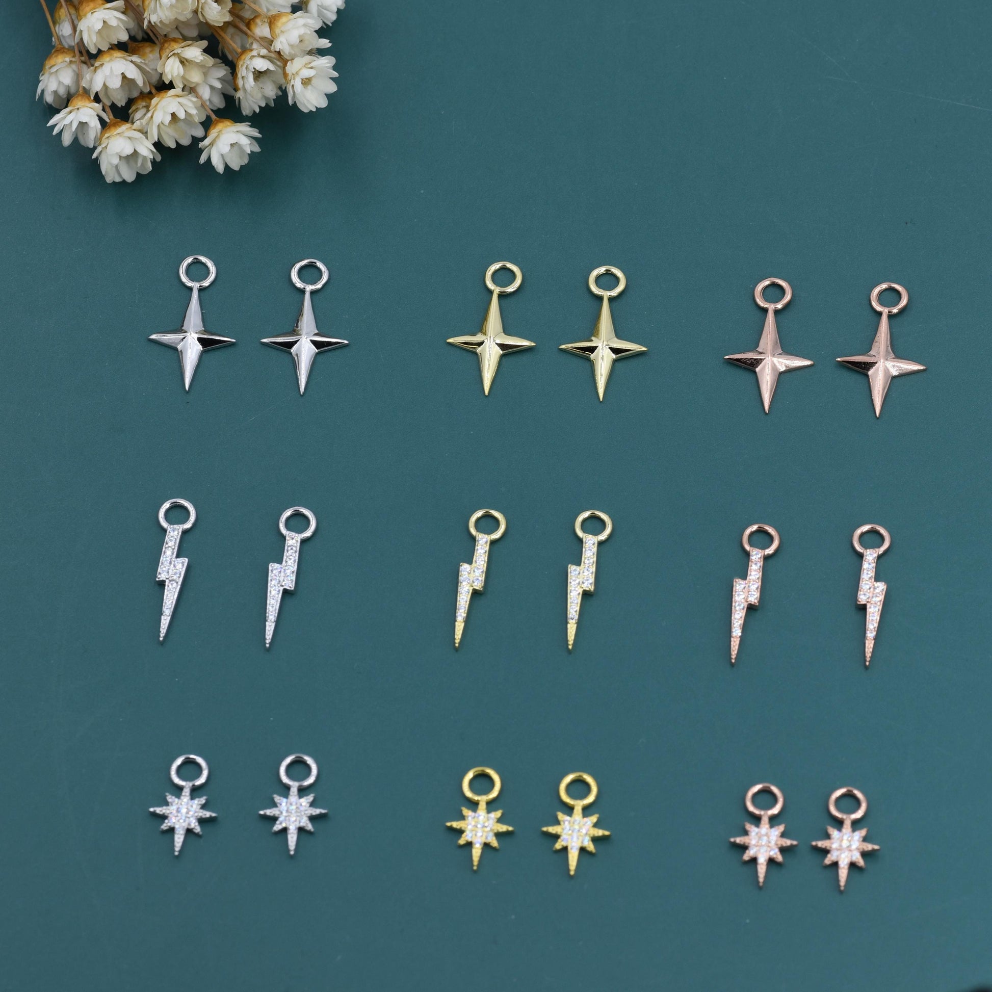 Four-Point Star, Lightning Bolt and Starburst detachable charms for huggie hoops. Sold as a pair in Silver, Gold or Rose Gold.