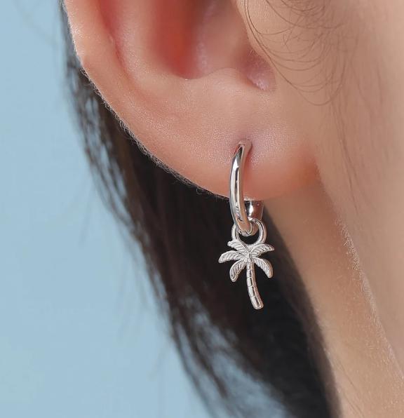 Tropical Island Theme Charms for Huggies Hoops, Boat / Palm Tree / Shark / Manta Ray Charms for Huggie Hoops in Sterling Silver