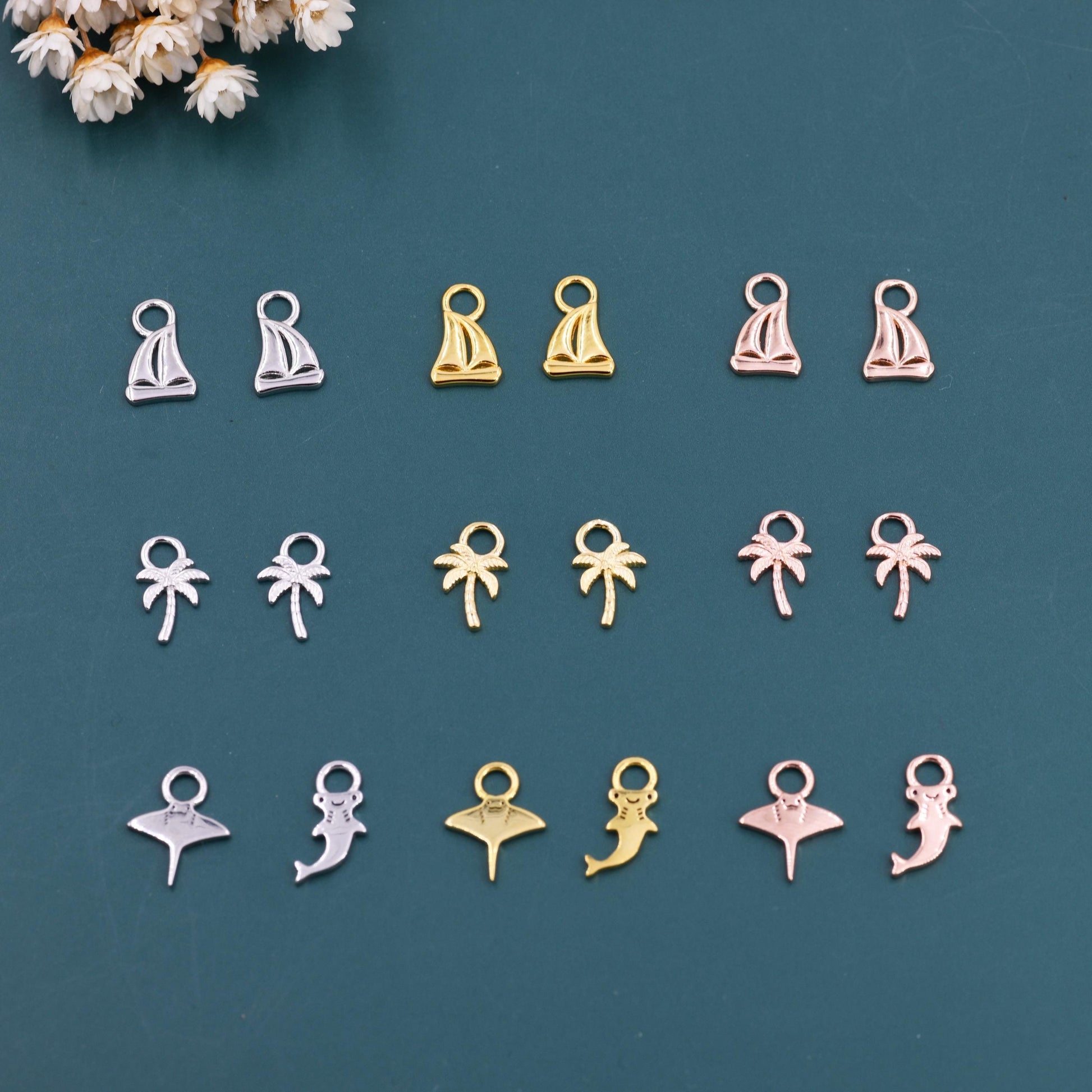 Tropical Island Theme Charms for Huggies Hoops, Boat / Palm Tree / Shark / Manta Ray Charms for Huggie Hoops in Sterling Silver
