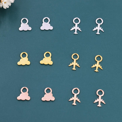 Plane and Cloud Charms for Huggie Hoops in Sterling Silver, Sold as a pair, Charms for Earrings, Detachable, Silver or Gold or Rose Gold
