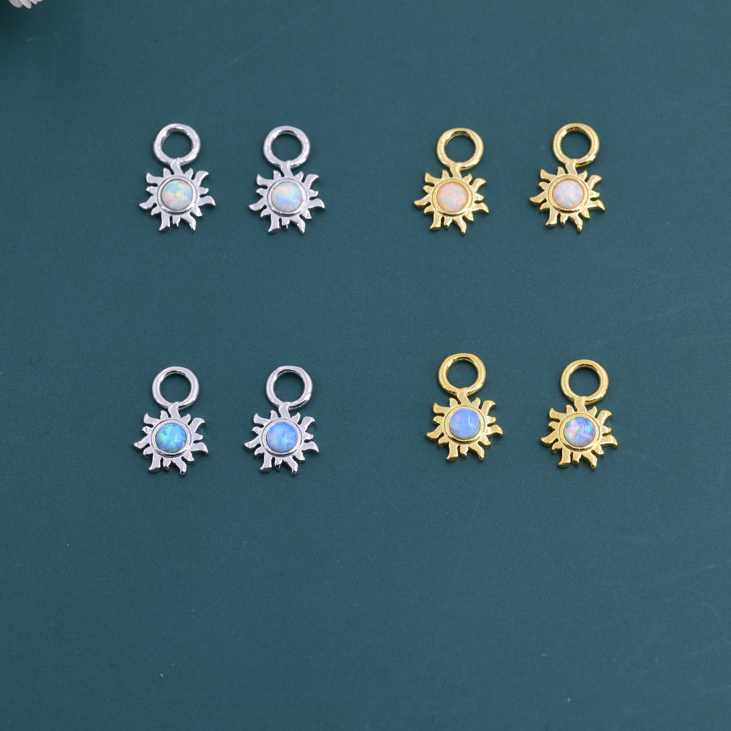 Lab Opal and Moonstone Sun Charms for Huggie Hoops in Sterling Silver, Sold as a pair, Detachable, Silver or Gold or Rose Gold Finish