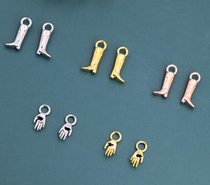 Cowboy Boot and Hand Charms for Huggie Hoops in Sterling Silver, Charms for Earrings, Silver, Gold or Rose Gold Finish
